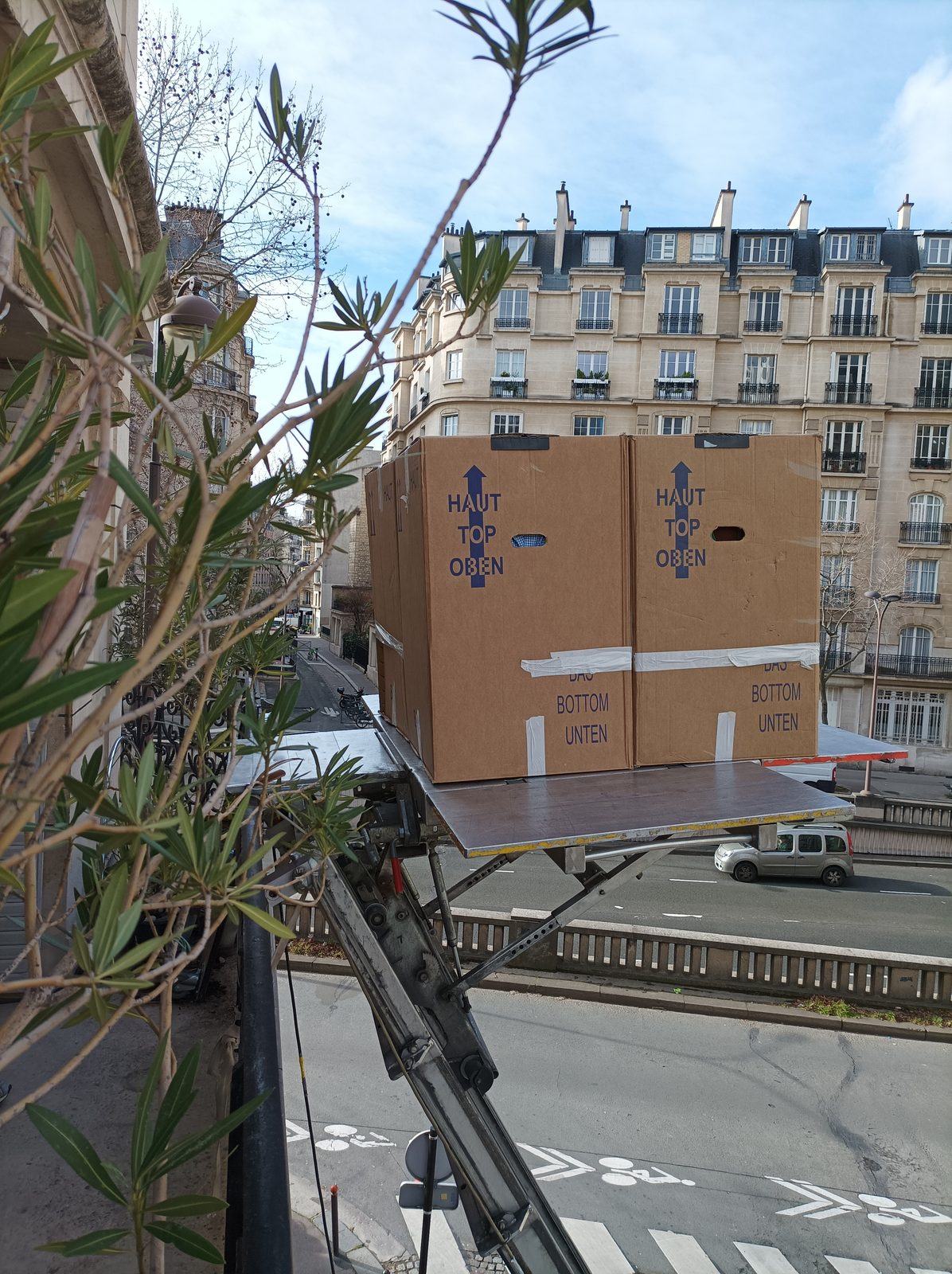Plateau du monte-meubles chargé de cartons devant une façade d'immeuble